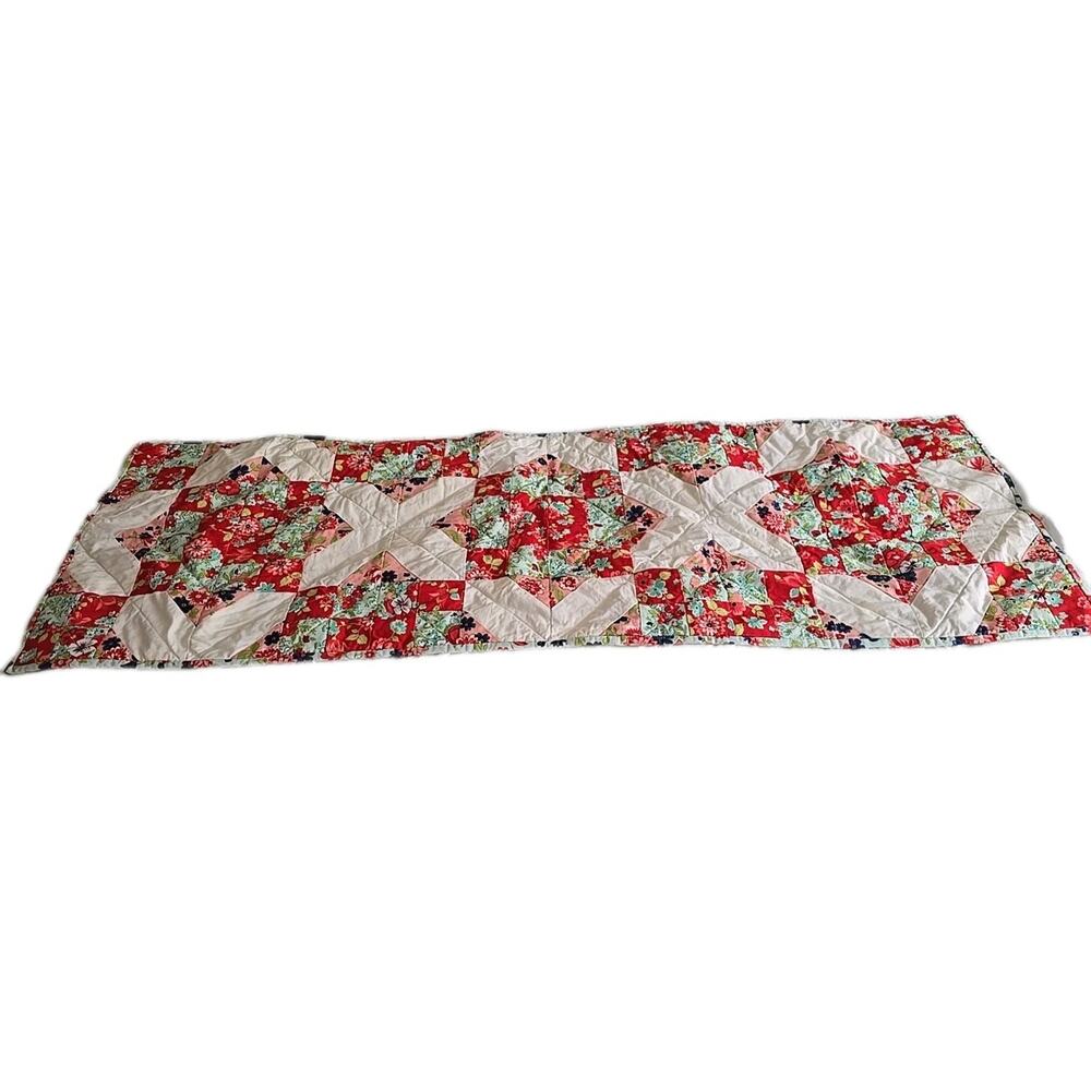 Red Pink Floral Patchwork Cottagecore Grannycore Quilted Table Runner 47.5"x16"